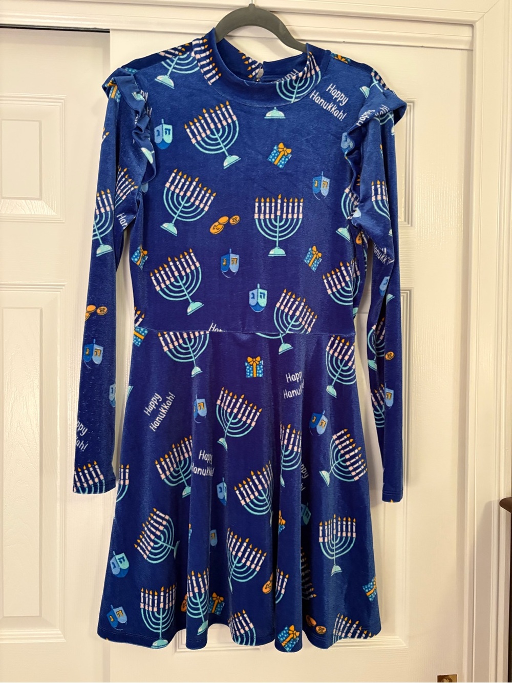 Ladies Blue Hanukkah Menorah Print Dress